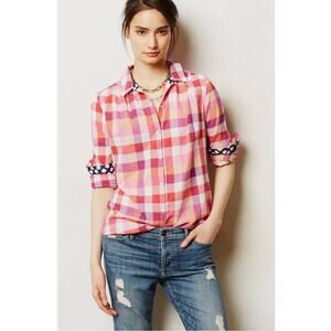 Anthropologie Isabella Sinclair Womens M Pink Red Plaid Button Up Mesh Shirt
